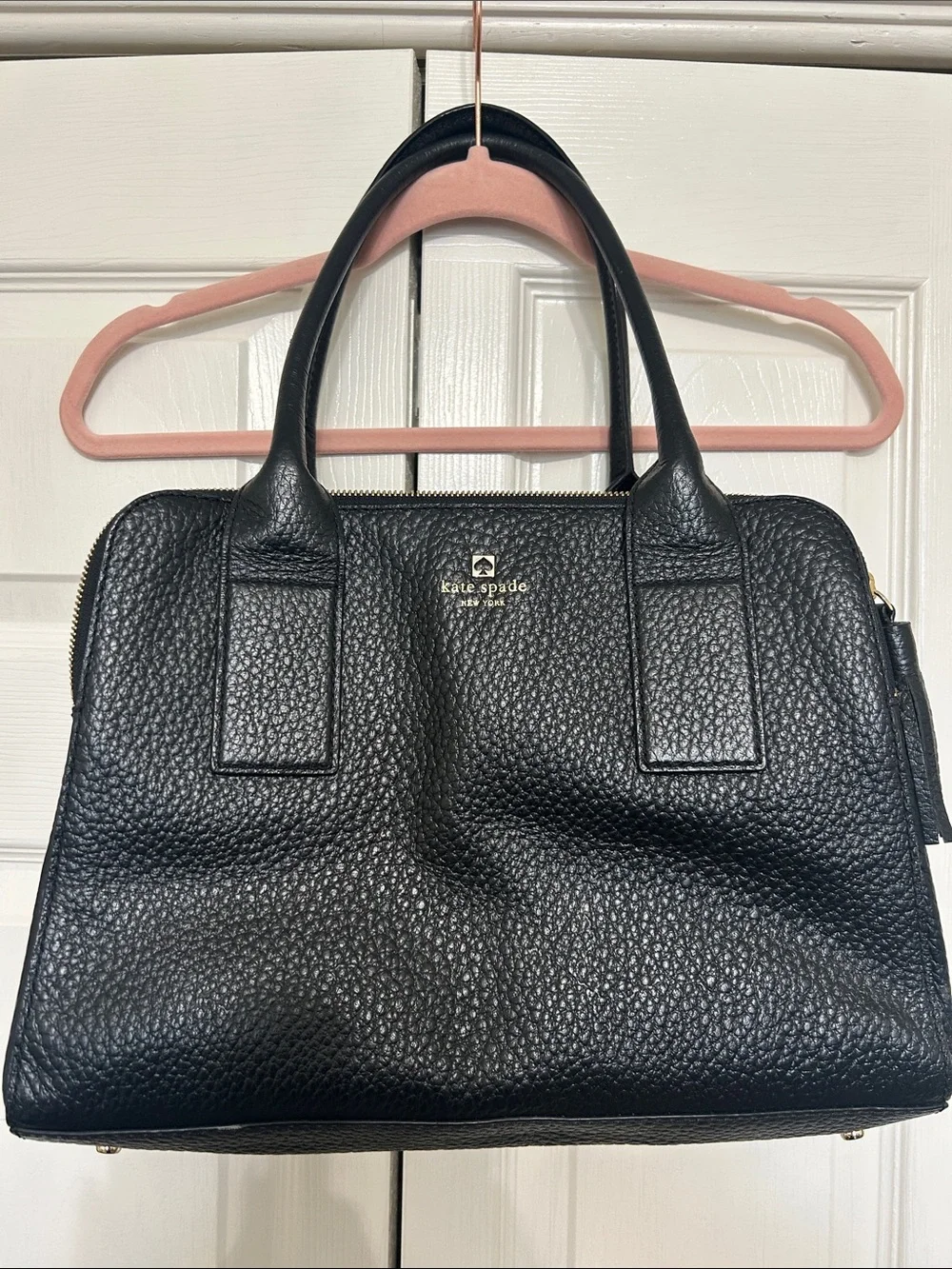 kate spade Black Pebbled Leather Dome Satchel with Gold Logo